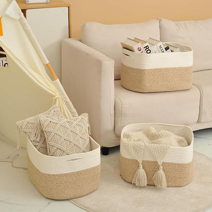 Large Storage Baskets for Organizing Shelves, Woven Cotton Rope Bins for Baby Nursery Organization, Book Toy Towel Organizer, 17"x13"x9.5", 3 Packs, Off White & Brown