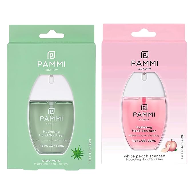 PAMMI Power Mist Hydrating Hand Sanitizer Spray, Portable Travel Size Pocket Hand Sanitizer, Scented Handsanitizer Mini Spray For Car - 600 Sprays (2 Pack (Aloevera, Peach))