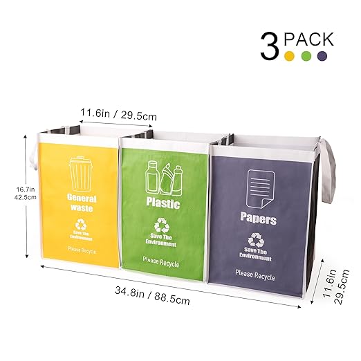 Recycle Waste Bag for Kitchen, Indoor Recycling Bins, Recycle Bins for Home, Kitchen Recycling Bin Trash Sorting Organizer, Reusable and Waterproof - Set of Three Color