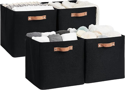 StorageWorks 13x13 Inches Storage Cube, Fabric Storage Bins with PU Handles, Collapsible Organizer Baskets for Closet, Black, 4-Pack