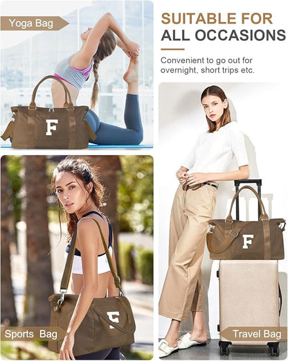 Birthday Graduation Gifts for Daughter,Initial Travel Duffel Bag Sports Gym Bag for Girls Teen Kids Birthday Gifts,Personalized Weekender Bag Carry On Tote Bags Cute Overnight Bag for Women(Brown, F)