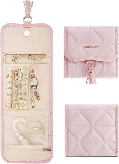 BAGSMART Travel Jewelry Case Organizer, Roll Foldable Jewelry Case for Journey-Rings, Necklaces, Earrings, Bracelets, Brooches, Min, Pink