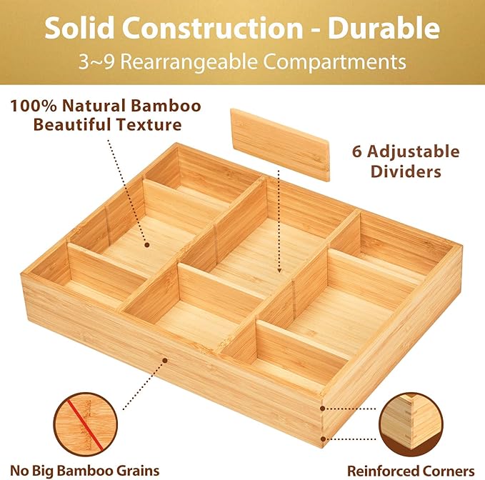 Umilife Desk Drawer Organizer, Bamboo Wood Organizer Tray with Adjustable Compartments, Office Desk Accessories Supplies Organization Storage, 12" x 9"