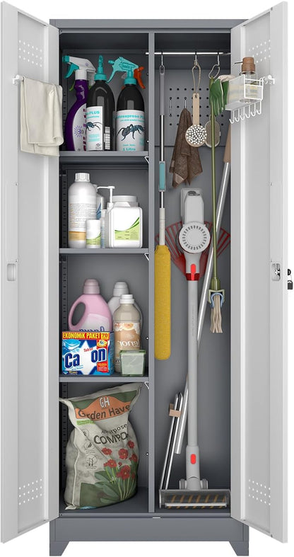 Broom Closet, Metal Storage Cabinet with Hanging Rod, 65" Broom Tool Organizer, Metal Cabinet with Doors and Shelves, Tall Cleaning Storage for Home, Office, Garage, Balcony