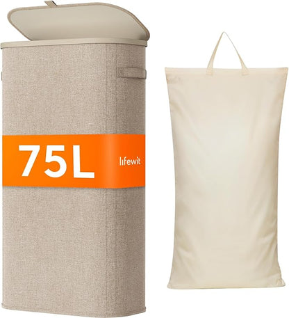 Lifewit 75L Slim Laundry Basket with Lid, Narrow Large Laundry Hamper with Plastic Handles and Removable Bag, Tall Foldable Dirty Clothes Hampers for Laundry Room, Bedroom, Bathroom, Dorm, Beige