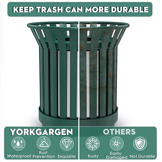 16Gallon/62L Commercial Outdoor & Indoor Metal Trash Can, Outdoor Slatted Trash Receptacle with Metal Linner, All Weather Resistant Large Outside Zone Round Garbage Bin for Street, Park, School-Green
