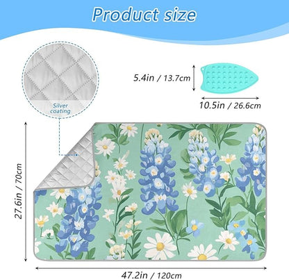 Mint Green Bluebonnet and Daisies Ironing Mat for Table top Portable Ironing Pad Blanket for Washer Dryer Countertop Travel