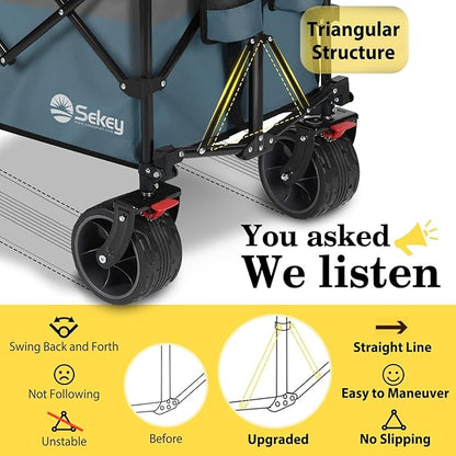 Sekey 48''L Collapsible Foldable Extended Wagon with 440lbs Weight Capacity, Heavy Duty 300L Folding Utility Garden Cart with Big All-Terrain Beach Wheels & Drink Holders. Blue&Grey