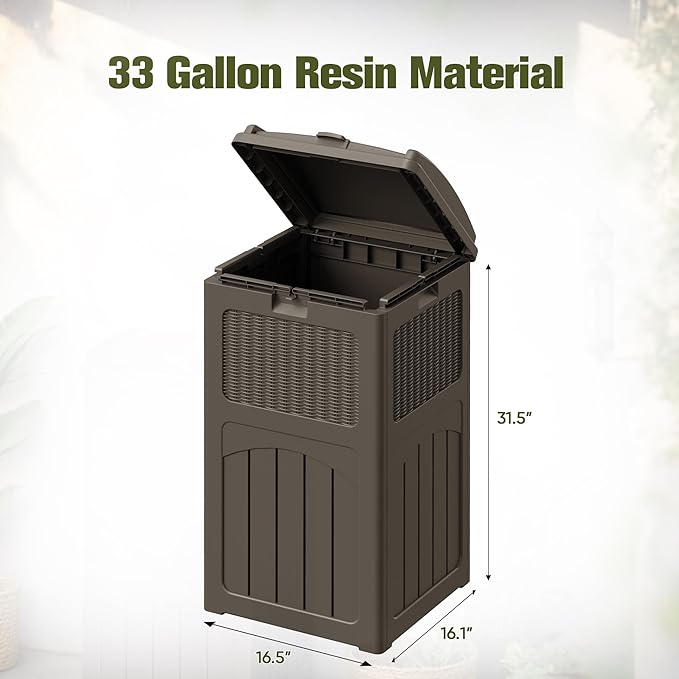 Devoko 33 Gallon Outdoor Trash Can, Hideaway Garbage Bins with Tiered Lid, Waterproof Resin Outside Waste Bins for Patio, Outside Pool, Backyard and Deck(1, Deep Brown)