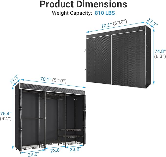 VIPEK V5C Heavy Duty Covered Clothes Rack Portable Closet Rack, Black Metal Clothing Rack with Black Upgarded Polyester Cover Cover, Adjustable Custom Freestanding Closet Wardrobe, Max Load 800LBS