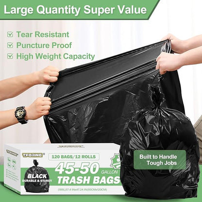 45-50 Gallon Black Trash Bags 120 Count - 38''x47'' Large Garbage Bags Unscented, 40+ Gallon Trash Can Liners, Multipurpose for Office, Outdoor, Yard and Commercial
