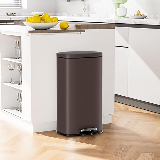 Arlopu 8 Gallon Step Trash Can, Stainless Steel Garbage Bin, Soft-Close Rubbish Bin with Removable Plastic Inner Bucket, Fingerprint-Proof, Lid Dustbin, Suit for Kitchen Home (Brown, 30L)