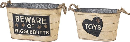 Primitives by Kathy Rustic Pet Tin Bins - Dog Food & Toy Storage Set, 'Toys & Beware of Wigglebutts' Themed Containers