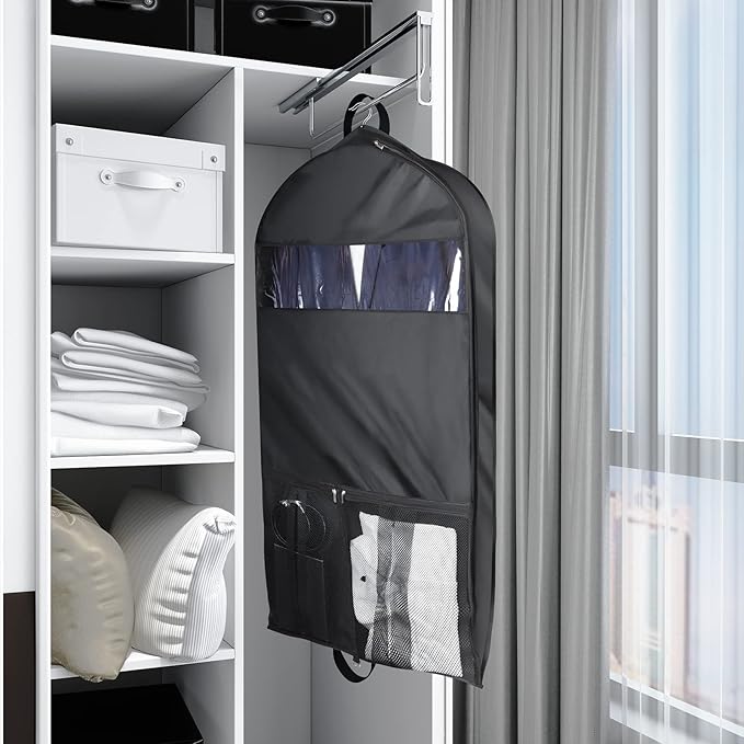 Univivi Garment Bags for Travel and Storage 43" Hanging Suit Bag Clear Suits Cover with Mesh Pockets for Coat, Shirt, Jackets, dresses