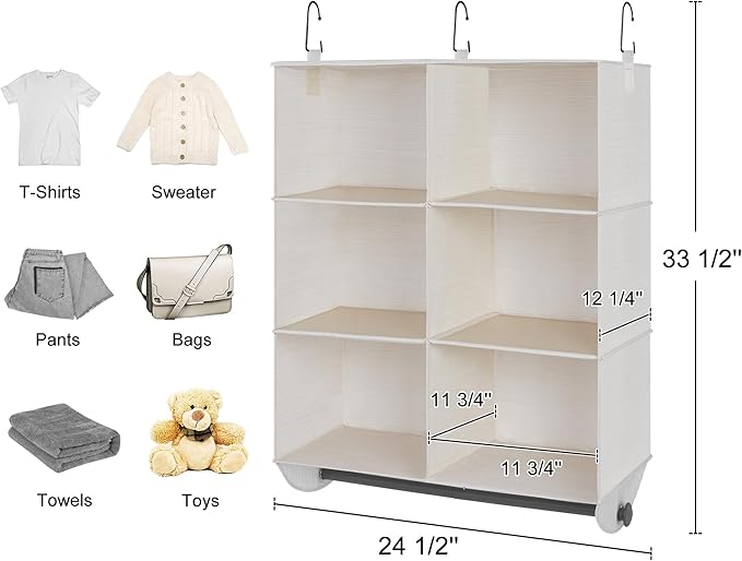 StorageWorks Hanging Closet Organizer with Metal Rod, 6-Section Closet Organizers and Storage, Collapsible Hanging Shelves for Baby Clothes, Shoes, Sweater Storage, Ivory and White