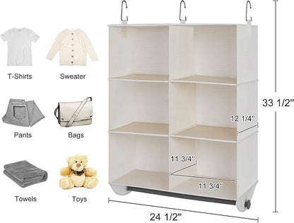 StorageWorks Hanging Closet Organizer with Metal Rod, 6-Section Closet Organizers and Storage, Collapsible Hanging Shelves for Baby Clothes, Shoes, Sweater Storage, Ivory and White