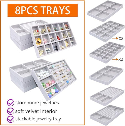 Jewelry Storage 8PACK, Velvet Jewelry Organizer Trays, 4PCS Stackable Jewelry Tray for Drawers, Grey Organizer for Rings, Earrings, Necklaces, Watches, Bracelets, Brooches