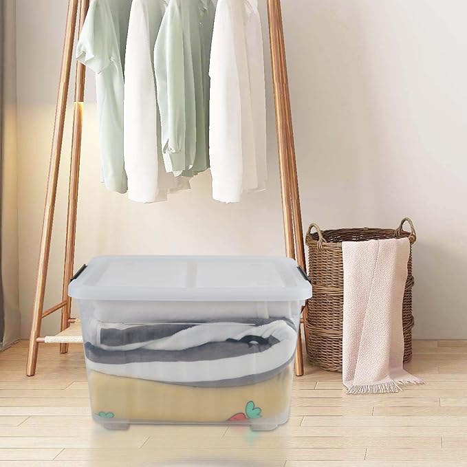 50 Quart Clear Storage Container with Lids and Wheels, 4-Pack Clear Plastic Latching Bins
