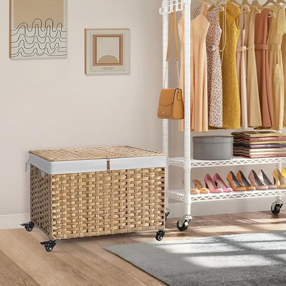 Rolling Storage Basket with Lid, 47.6 Gallon (180L) Storage Bin with Wheels, Woven Rattan Blanket Storage Basket with Handles, Foldable, Metal Frame, Removable Liner for Bedroom, Laundry Room, Natural