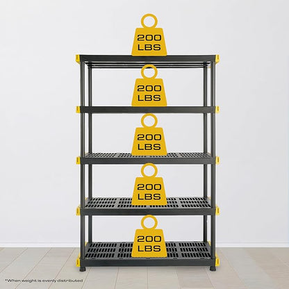 CX Black & Yellow®, 5-Tier Heavy Duty Plastic Storage Shelving Unit, 200lbs/shelf (72”H x 48”W x 20”D), for Indoor/Outdoor Organization, Modular Rack