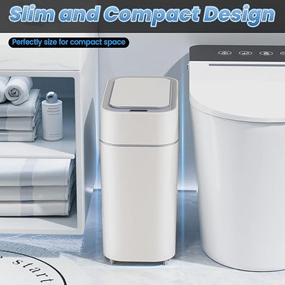 Bathroom Trash Can with Lid: 2.3 Gal Small Slim Motion Sensor Wastebasket, Bag Expansion, Wall Mounted, Automatic, Touchless, Narrow Design for Bathroom, Kitchen and Office, Waterproof