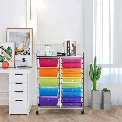 GOFLAME 15-Drawer Rolling Storage Cart, Multipurpose Movable Organizer Cart, Utility Cart for Home, Office, School, Rainbow