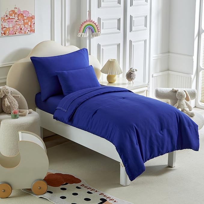 Toddler Bedding Set - 5 Piece Soft and Breathable Toddler Bed Set for Boys and Girls, Includes Quilted Comforter, Fitted Sheet, Flat Top Sheet, Standard Pillowcase and Toddler Pillowcase, Navy