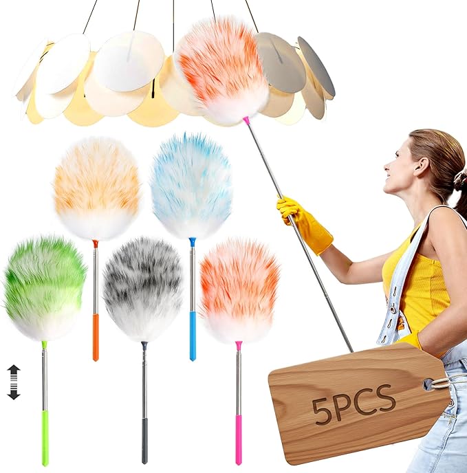 5PCS Extendable Lambswool Duster with 35-55 Inch Adjustable Aluminum Handle,Feather Duster Static Electricity Dust Adsorption, Reusable Cleaning Tool for Home, Car, Office, Ceiling, Furniture
