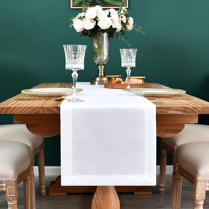 NEWISHER Farmhouse Rustic Table Runner Solid White Rectangular Table Runners Faux Linen Table Runner for Everyday Use Kitchen Dining Party Table 13x48 Inch
