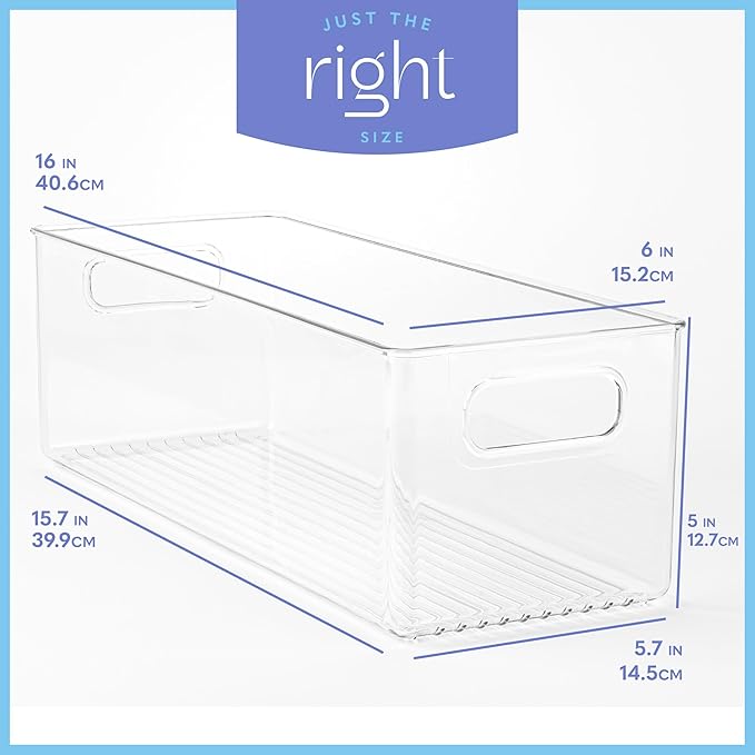 Plastic Food Storage 4 Pack Clear Container Bin with Handles for Organizing Kitchen, Pantry, Refrigerator, Freezer, Pantry, Cabinet, Closet, Bathroom. 16”x6”x5”