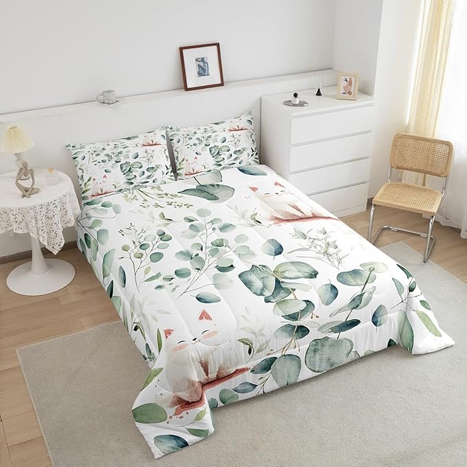 Erosebridal Kawaii Cat Toddler Comforter Set for Boys Girls Cartoon Animal Bedding Set Toddler, Eucalyptus Leaves Bedding Comforter Sets Pet Kitten Duvet Set, Tropical Plants Quilted Comforter