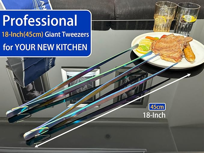 JETKONG 2 Pcs 18 Inch (45cm) Stainless Steel Grill Tongs Heavy Duty Giant Tweezer Tongs, Extra Large Tweezers Tools for Cooking, Grilling, BBQ and Turning Food (Rainbow)