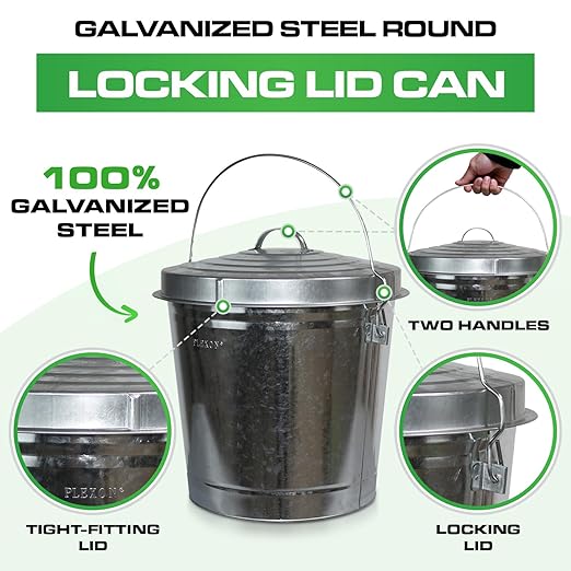 Plexon 10 Gallon Trash Can with Lid Outdoor Galvanized Metal Bucket with Locking Lid for Poultry Feed Bird Seed Storage Ash Garbage Trash Bin