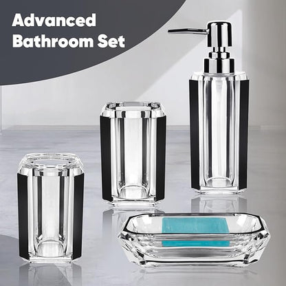 4 Piece Premium Acrylic Bathroom Accessory Set, Hand Sanitizer Bottle, Lotion Can Bathroom Suit, Separate Bottle Soap Box, Mouthwash Cup, Toothbrush Cup(Brushed Black)