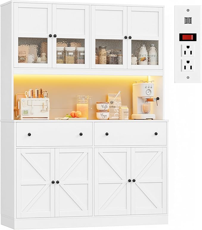 FINETONES 71" Pantry Cabinet with LED Light and Charging Station, Farmhouse Kitchen Pantry Cabinet with Microwave Stand, 47.2" Wide Kitchen Hutch Food Pantry with Open Countertop, White