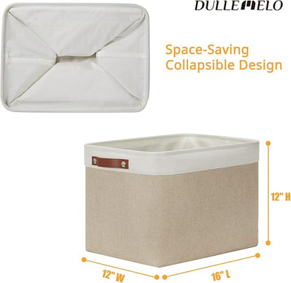 DULLEMELO Storage Baskets Large 16"x12"x12" Tall Rectangular Baskets Fabric Storage Bins for Organizing [1 Pack] Collapsible Linen Shelf Baskets for Clothes, Toys, Closet, Laundry (White&Khaki)