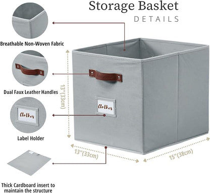 DECOMOMO Storage Baskets, 13x15x13 Storage Cube Bins with Labels for Organizing Shelves Kallax (Kallax / 4pcs, Grey)