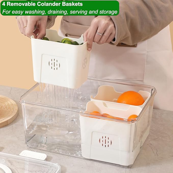 Taiuloo Airtight Fruit Storage Containers for Fridge with Lid & Handle, BPA-Free Snack Box Container with 4 Removable Colanders, Berry Vegetable Fresh Produce Saver, Clear Refrigerator Organizer Bins