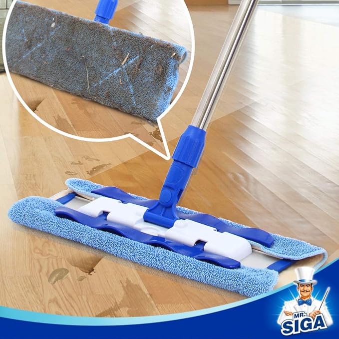 MR.SIGA Professional Microfiber Mop for Hardwood, Laminate, Tile Floor Cleaning, Stainless Steel Telescopic Handle - 3 Reusable Flat Mop Refills and 1 Dirt Removal Scrubber Included