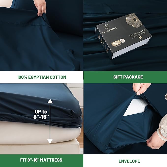 100% Egyptian Cotton Sheets Cal King Sheet Set 1000 Thread Count Sateen Weave Soft Breathable 16-Inch Deep Pocket 4PCS（California King,Navy）