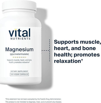 Vital Nutrients Magnesium Glycinate + Malate | 120mg Vegan Magnesium Supplement for Women and Men | Muscle, Heart, Bone Support* | Promotes Relaxation | Gluten, Dairy and Soy Free | 100 Capsules