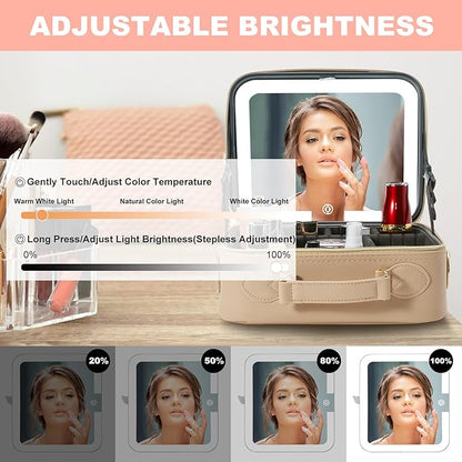 Mocado Travel Makeup Bag with LED Lighted Mirror,Travel Makeup Organizer,Makeup Case with 3 Color Lighted Setting and 10x Magnifying Mirror,Portable Storage and Adjustable Dividers Makeup Box(Khaki)
