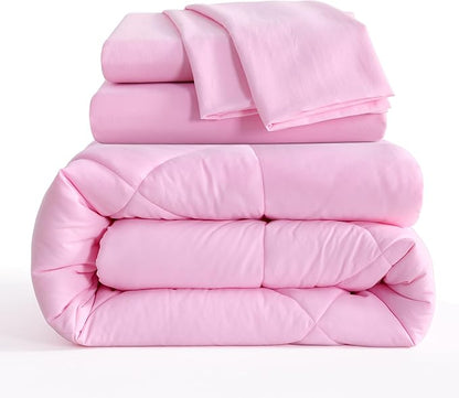 NTBAY Twin Comforter Set with Sheets, 5 Pieces Soft and Breathable Twin Bedding Set, Twin Bed in a Bag, Down Alternative Comforter Set Solid Color All Season, Kids Bedding Set, Pink