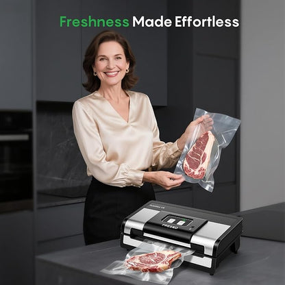 Fully Automatic Vacuum Sealer, 95Kpa Powerful Food Vacuum Sealer Machine, Auto Dry-Wet Detection | Bag Cutter | 2 Rolls Bags | Effortless Operation, Silver - Black
