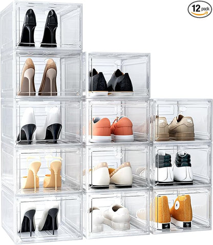 12 Pack Upgrade Harder Solid Plastic Shoe Organizer, Shoe Boxes Clear Stackable, Sneaker Storage for Closet, Shoe Display Case