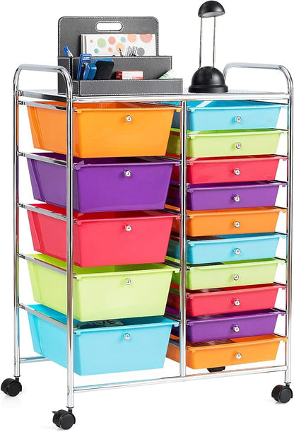 GOFLAME 15-Drawer Rolling Storage Cart, Multipurpose Movable Organizer, Utility Cart for Home, Office, School, Multicolored