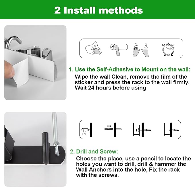 voze 2 Racks and 3 Hooks Mop and Broom Holder Wall Mount, Self Adhesive Heavy Duty Broom Organizer Storage Tool Racks for Kitchen Garden Laundry Garage