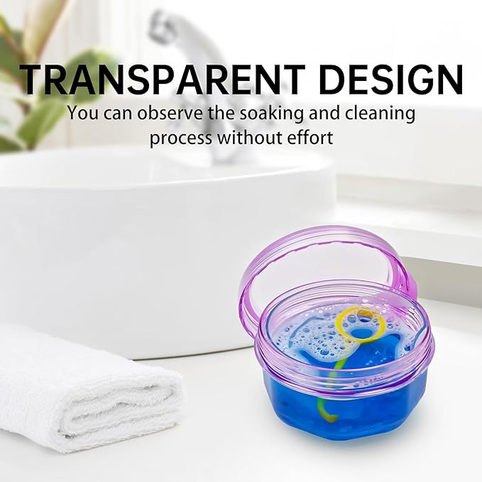 Leakproof Denture Case Purple Denture Soaking Cup False Teeth Container, Dental Denture Bath Holder Storage Box Retainer Cleaner Case for Traveling - Leak Proof and Lid Waterproof