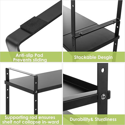 Expandable Cabinet Shelf Organizer Rack, Stackable Kitchen Counter Storage Shelves Stand, Adjustable Height Pantry Shelf Spice Rack (Black, 2 Pack)