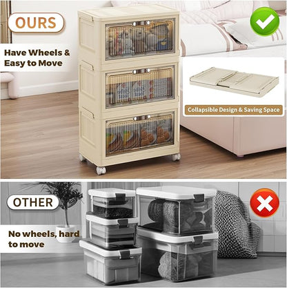 3 Tier - 34QT Storage Bins with Lids, Collapsible Storage Bins with Doors and Wheels, Plastic Storage Cabinet for Easy Storage and Organization for Living Room, Office